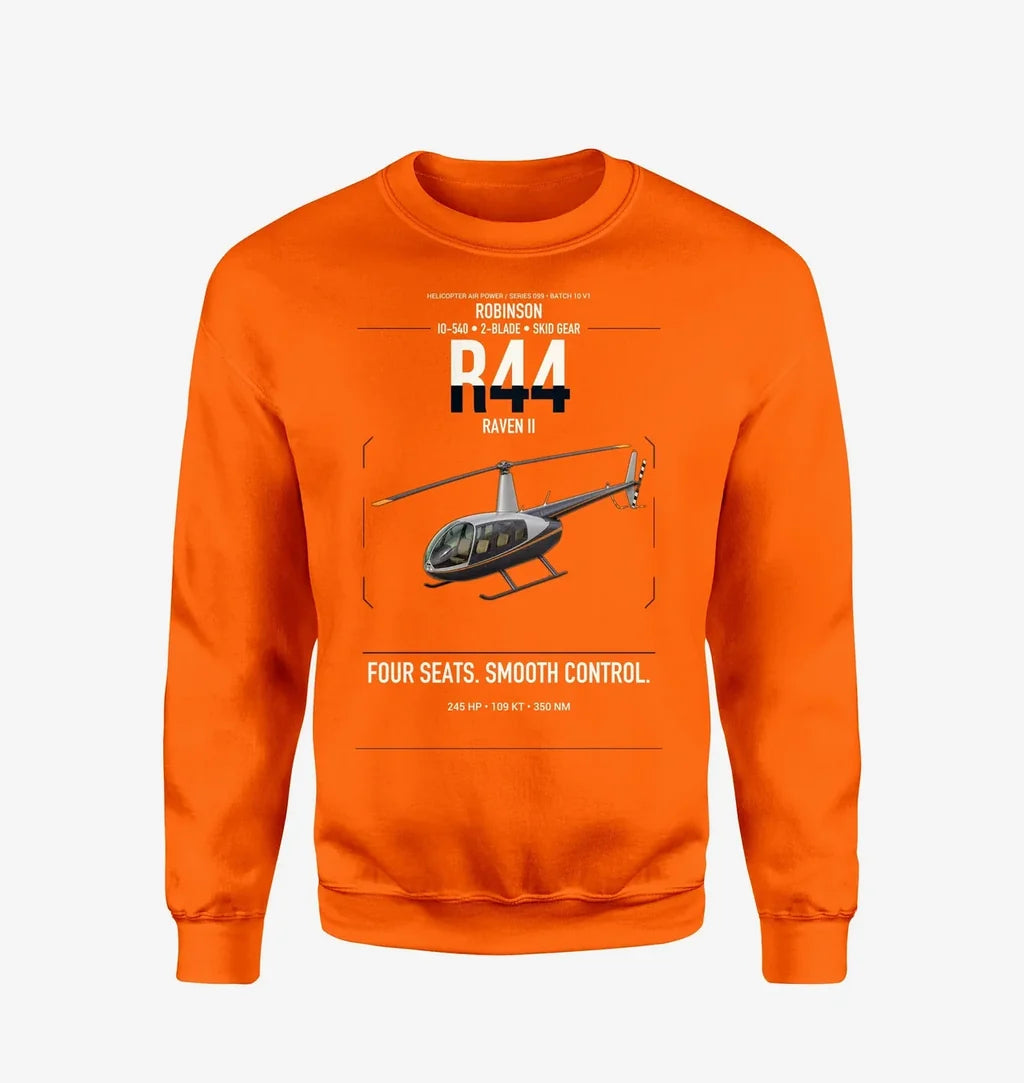 Robinson R44 Raven II design on orange sweatshirt