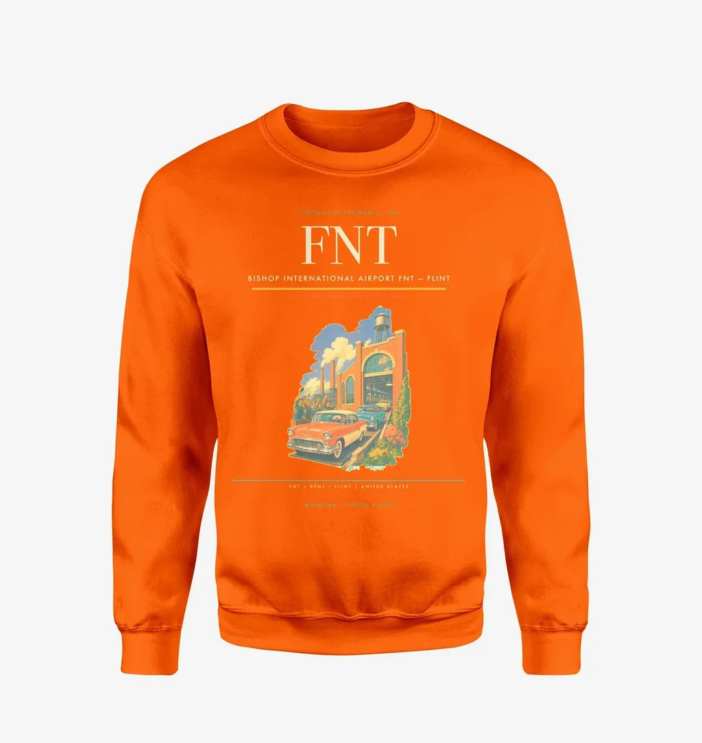 Bishop International Airport (FNT) design on orange sweatshirt