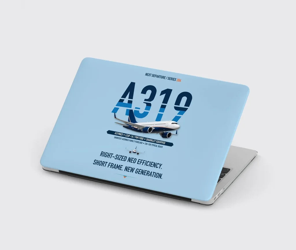 Airbus A319neo design on light blue MacBook case