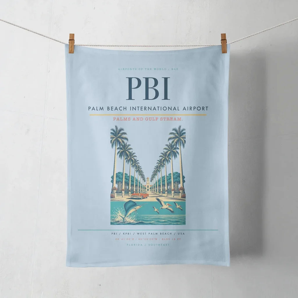 Palm Beach International Airport (PBI) design on light blue towel