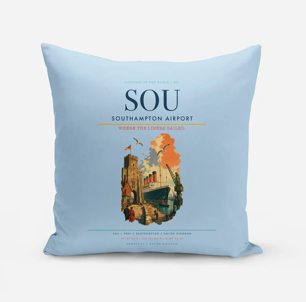 Southampton Airport (SOU) design on light blue pillow