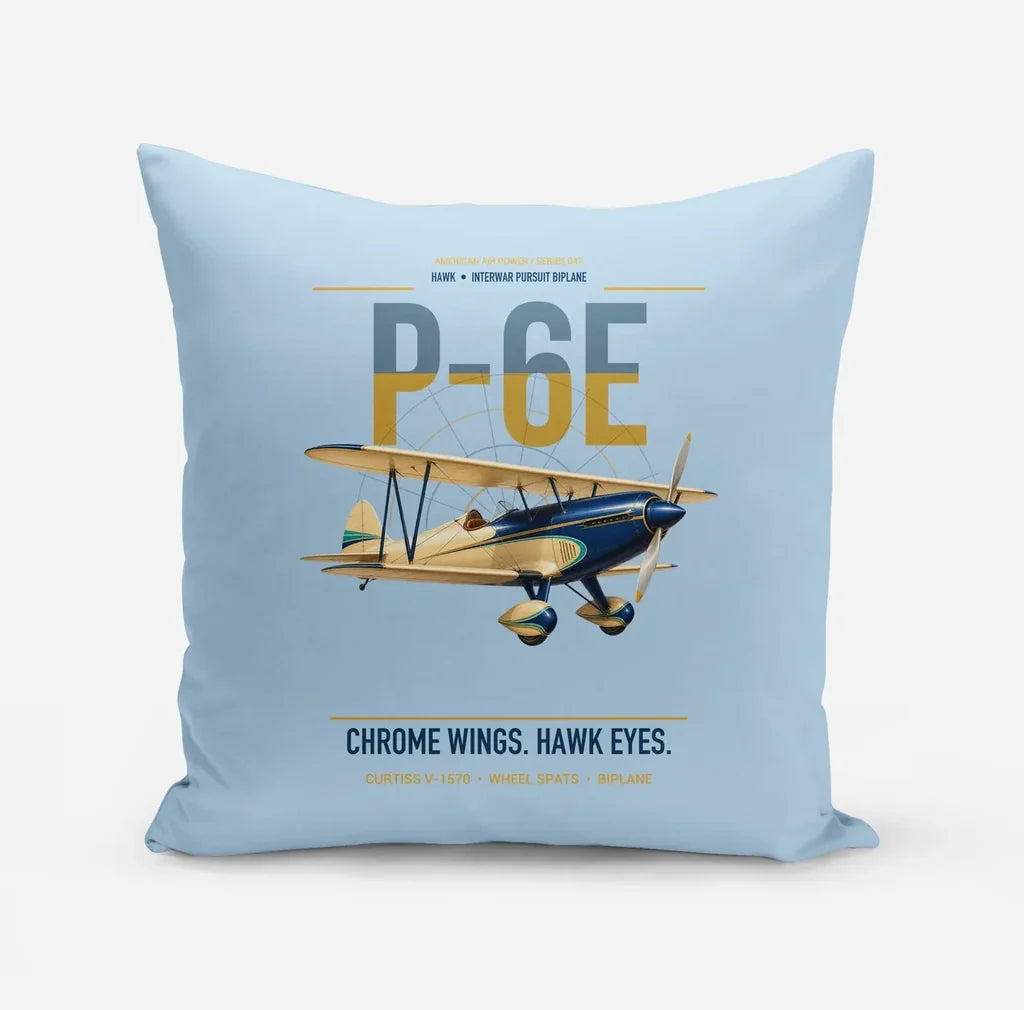 Curtiss P-6E Hawk design on light blue pillow