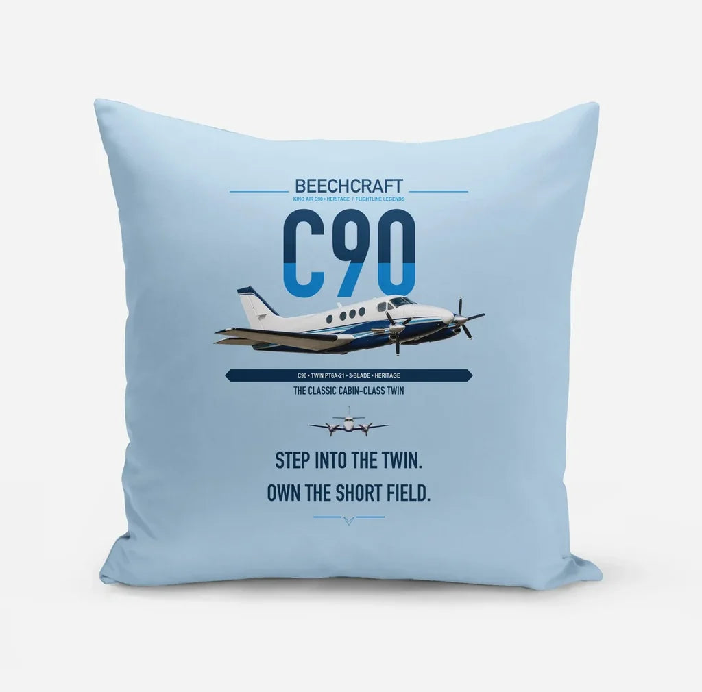 Beechcraft King Air C90 design on light blue pillow