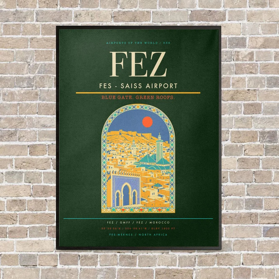Fes - Saiss Airport FEZ vertical canvas print - framed - dark green background