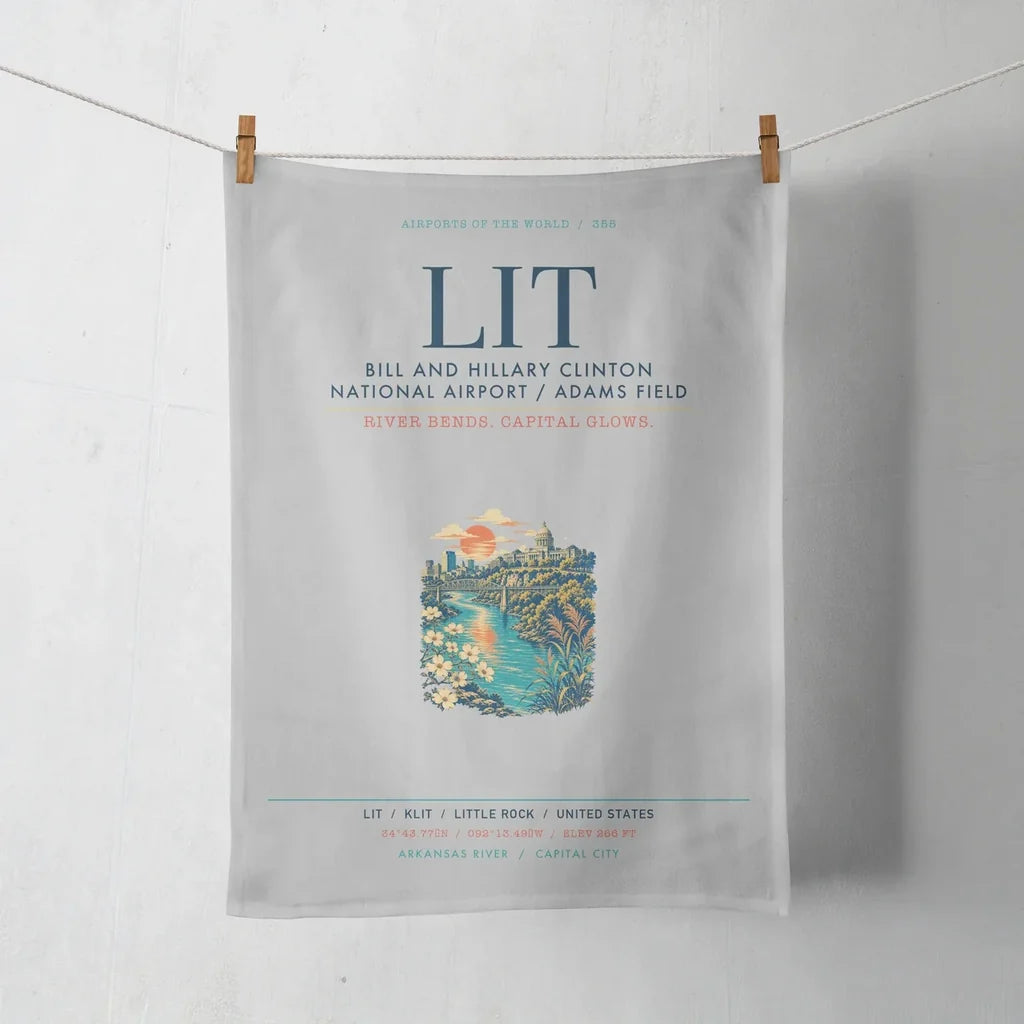 Bill and Hillary Clinton National Airport (LIT) design on light gray towel
