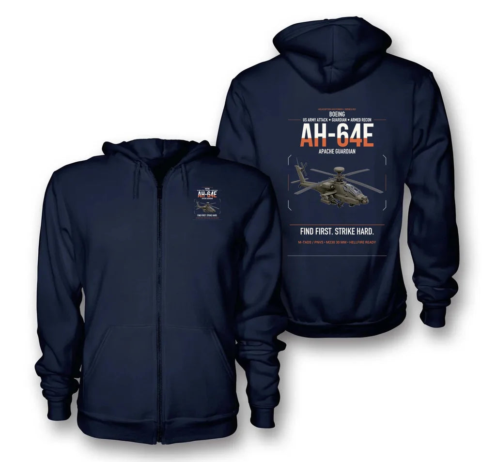 Boeing AH-64E Apache Guardian design on navy blue premium zipped hoodie, double-side print