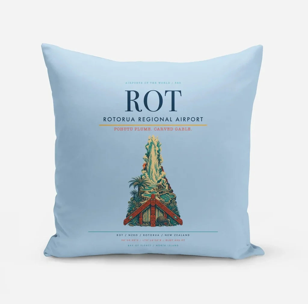 Rotorua Regional Airport (ROT) design on light blue pillow