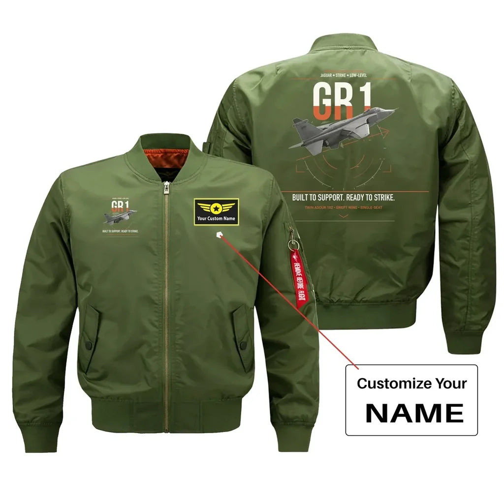 SEPECAT Jaguar GR1 design on green+name bomber jacket, double-side print