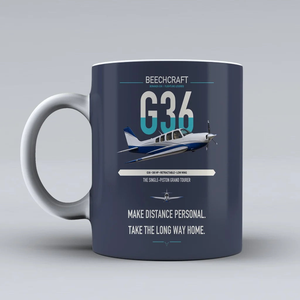 Beechcraft Bonanza G36 design on dark blue ceramic mug, double-side print