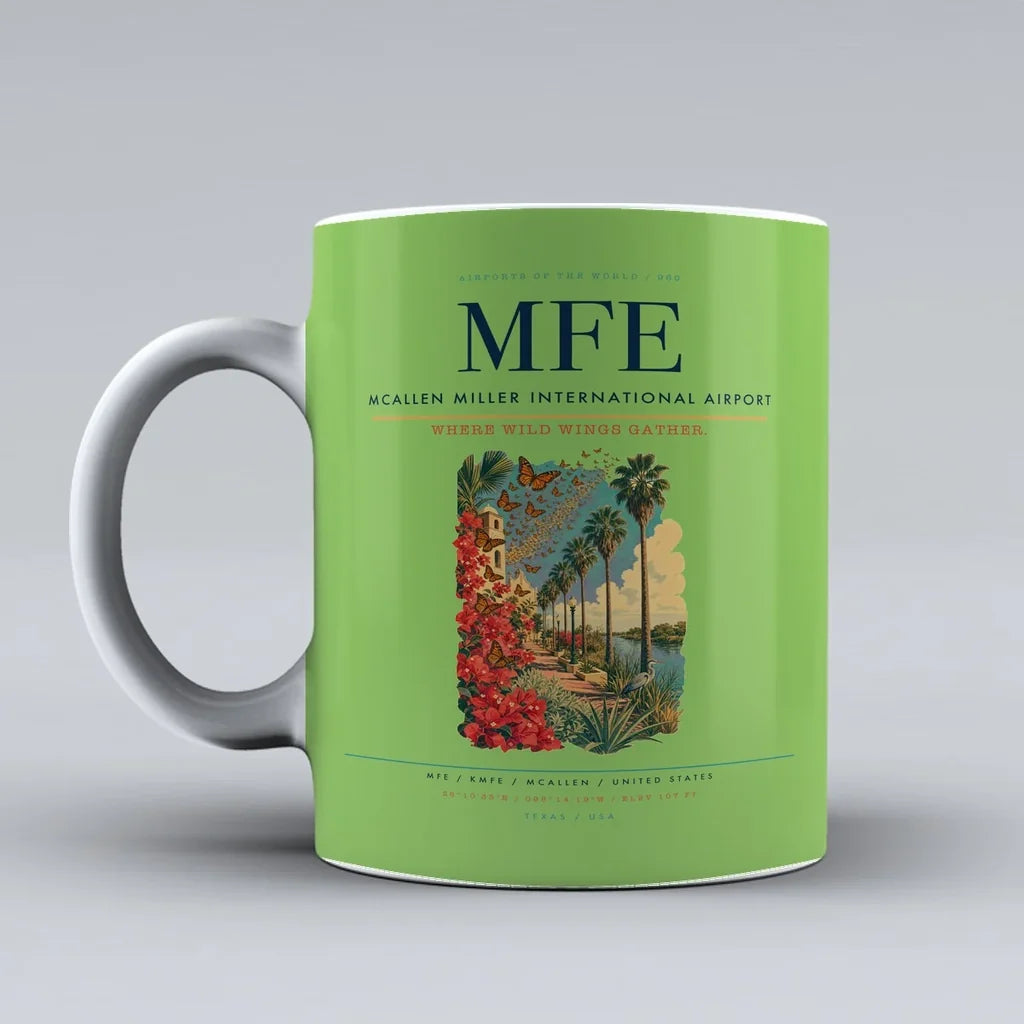 McAllen Miller International Airport (MFE) airport code design on light green ceramic mug