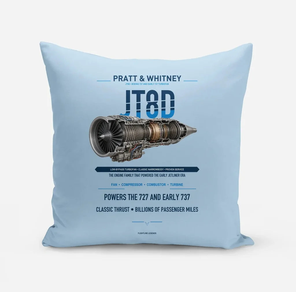JT8D design on light blue pillow
