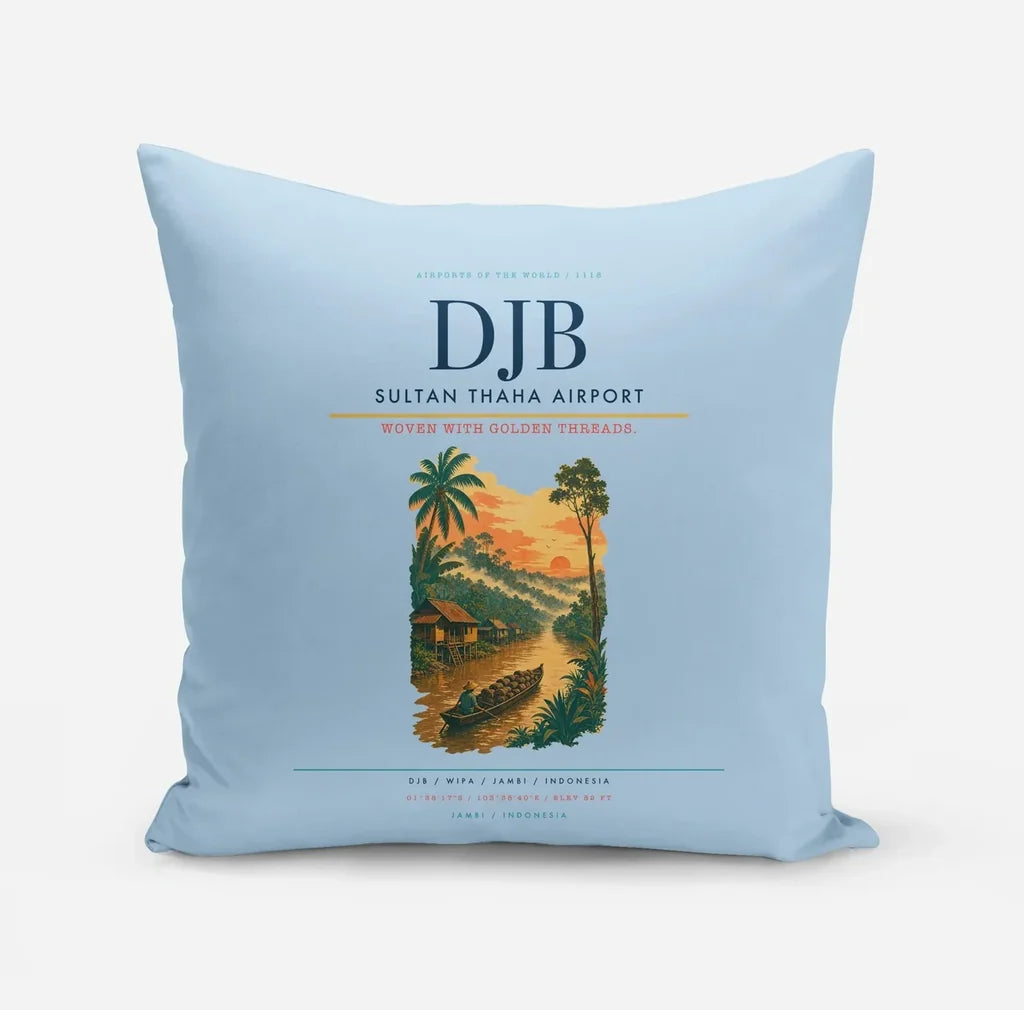 Sultan Thaha Airport (DJB) design on light blue pillow