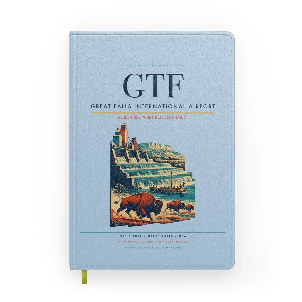 Great Falls International Airport (GTF) design on light blue notebook
