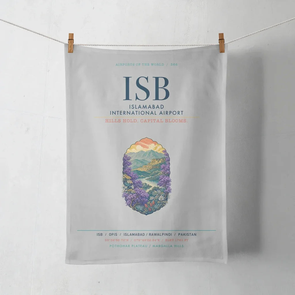 Islamabad International Airport (ISB) design on light gray towel