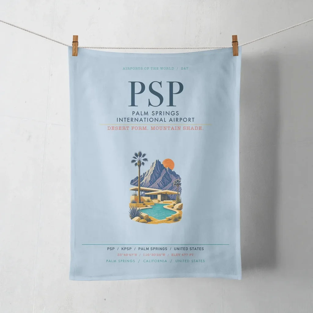 Palm Springs International Airport (PSP) design on light blue towel