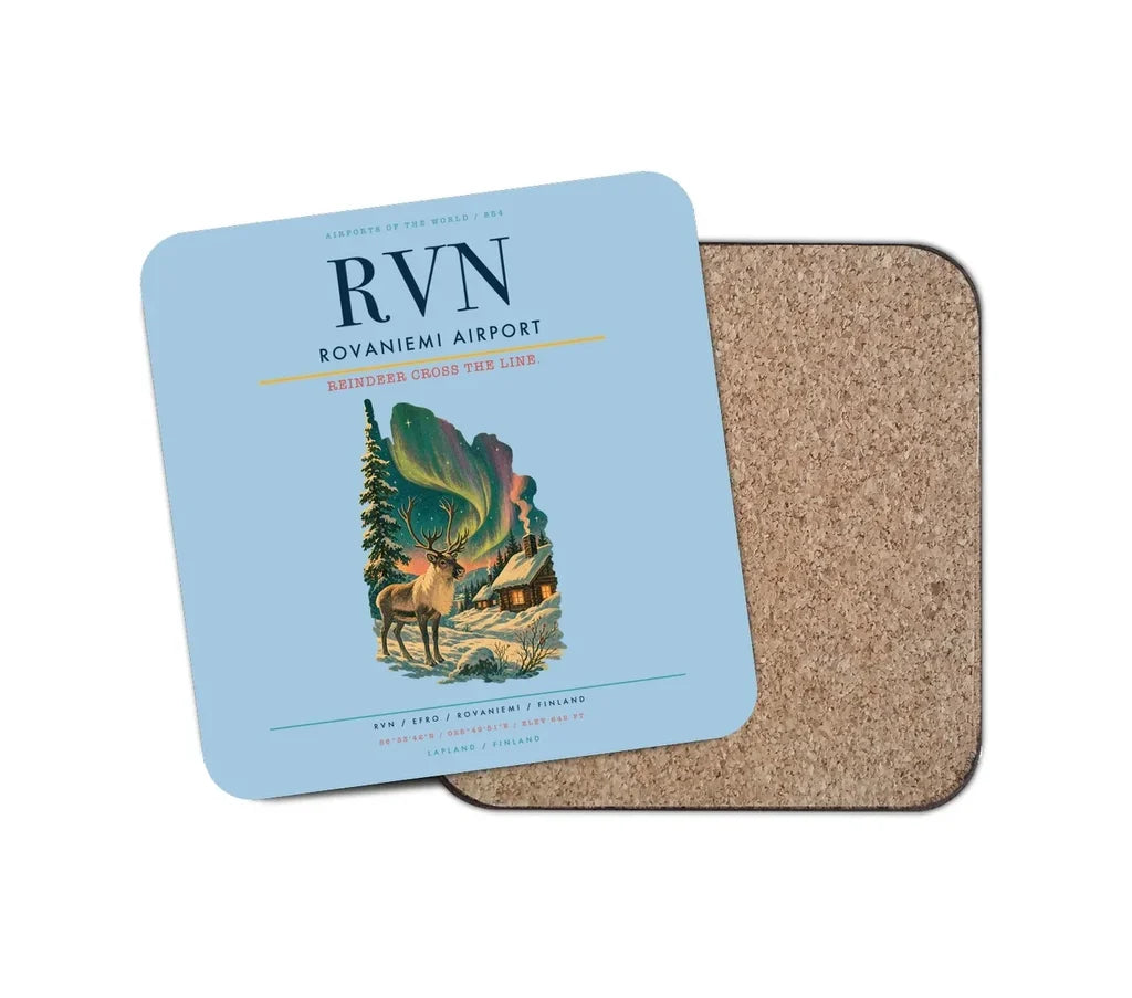 Rovaniemi Airport (RVN) design on light blue 1 piece coaster