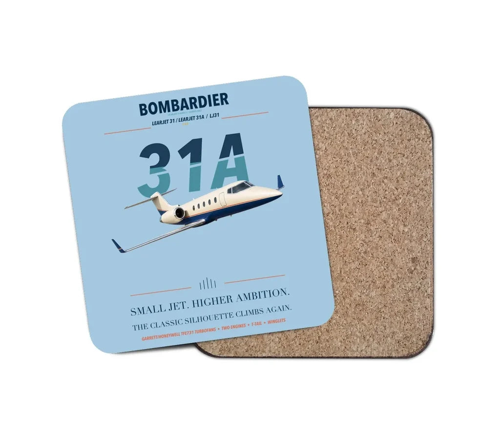 Bombardier Learjet 31A design on light blue 1 piece coaster