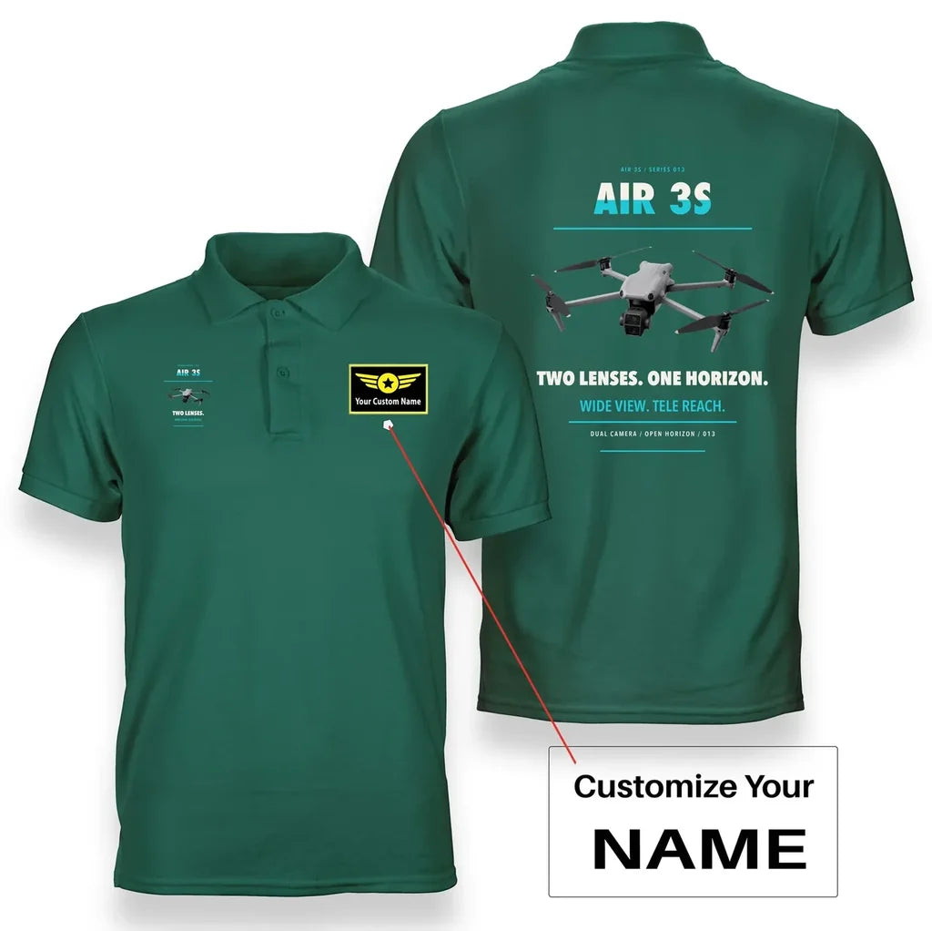 DJI Air 3S design on green polo with custom name badge