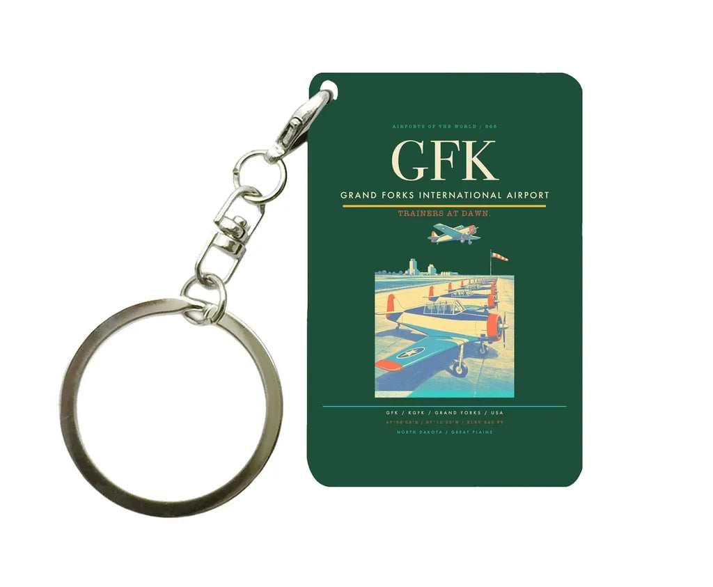 Grand Forks International Airport (GFK) design on dark green key chain