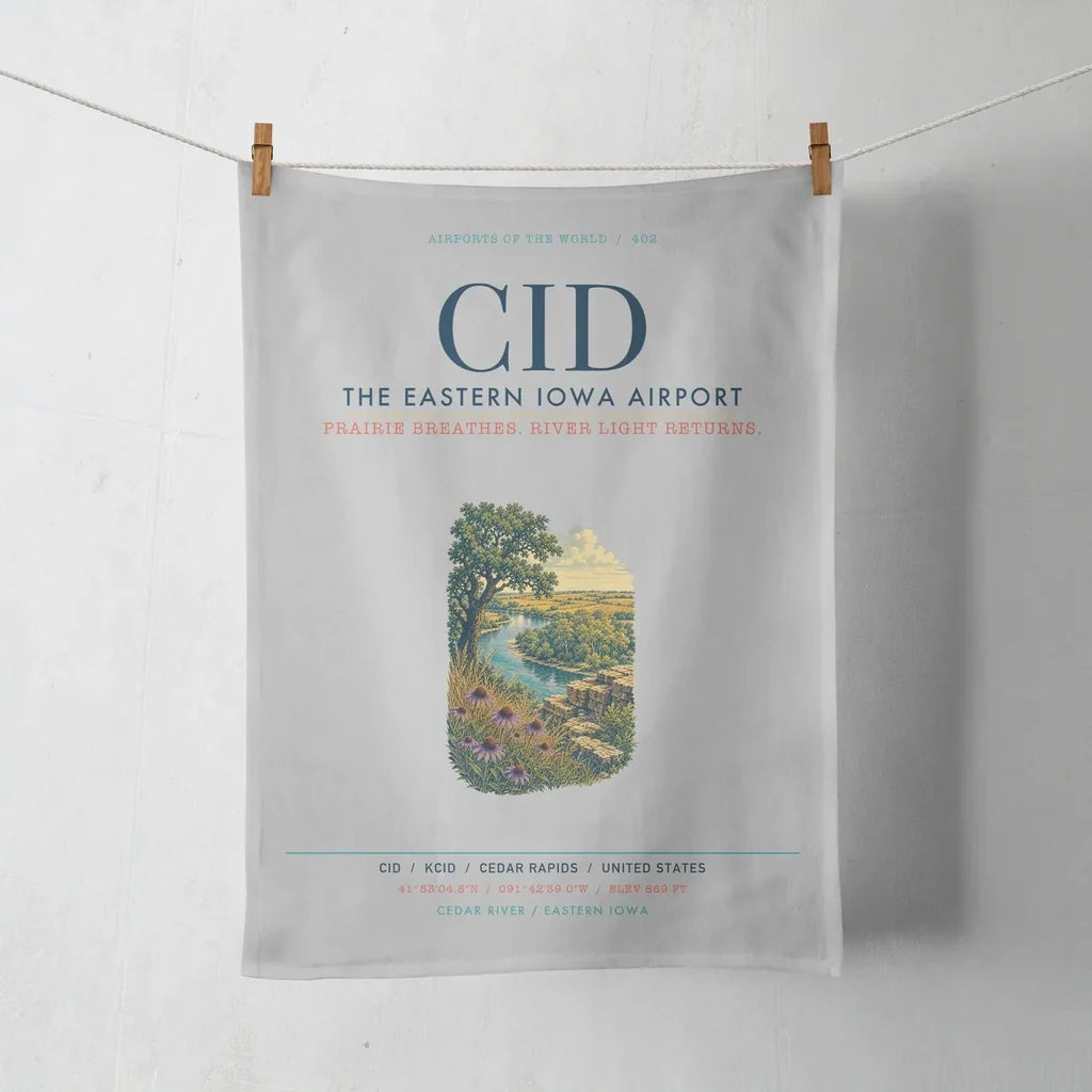 The Eastern Iowa Airport Cedar Rapids (CID) design on light gray towel