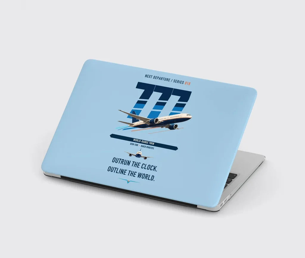 Boeing 777-200LR design on light blue MacBook case