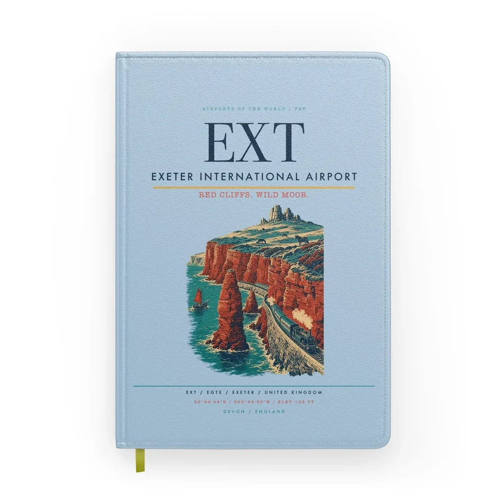 Exeter International Airport (EXT) design on light blue notebook