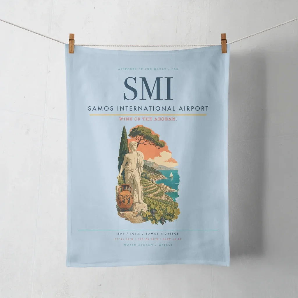 Samos International Airport (SMI) design on light blue towel