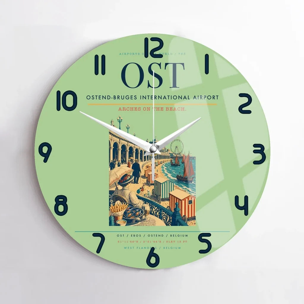 Ostend-Bruges International Airport (OST) design on light green no frame wall clock