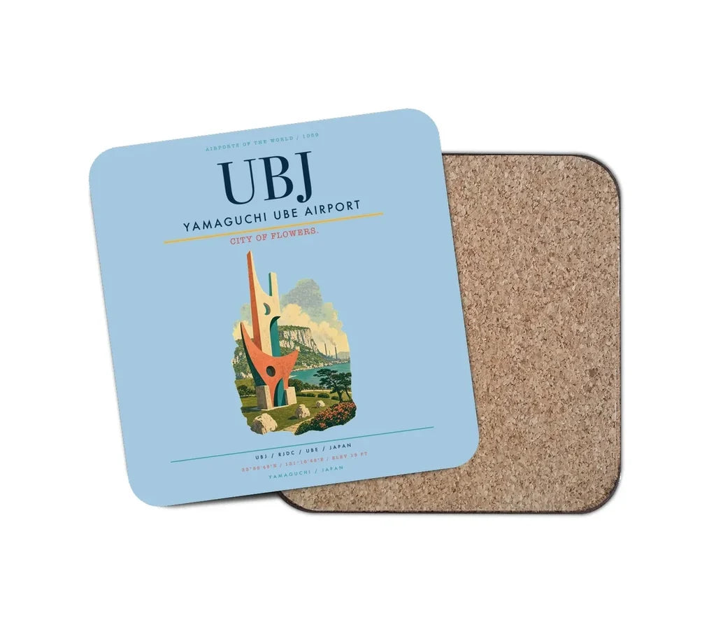 Yamaguchi Ube Airport (UBJ) design on light blue 1 piece coaster