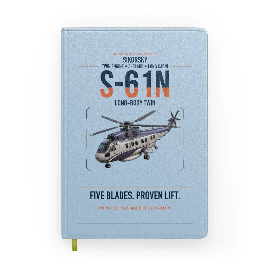 Sikorsky S-61N design on light blue notebook