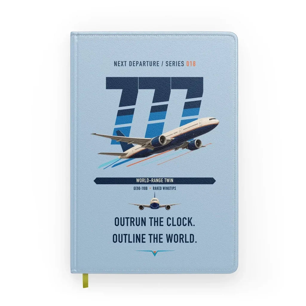 Boeing 777-200LR design on light blue notebook