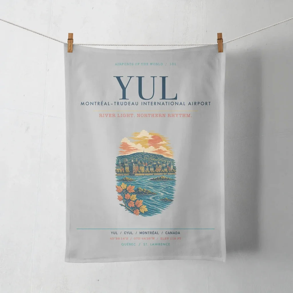 Montréal–Trudeau International Airport (YUL) design on light gray towel