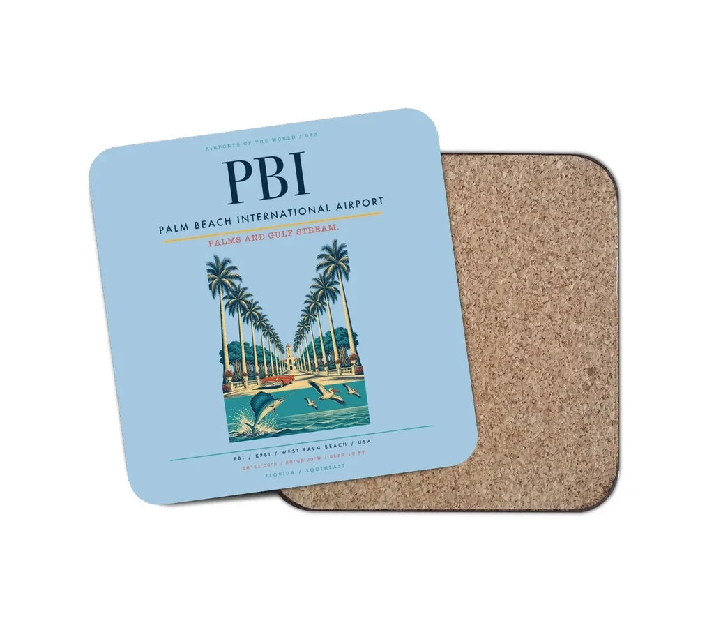 Palm Beach International Airport (PBI) design on light blue 1 piece coaster