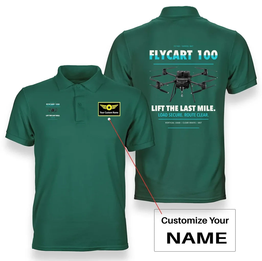 DJI FlyCart 100 design on green polo with custom name badge