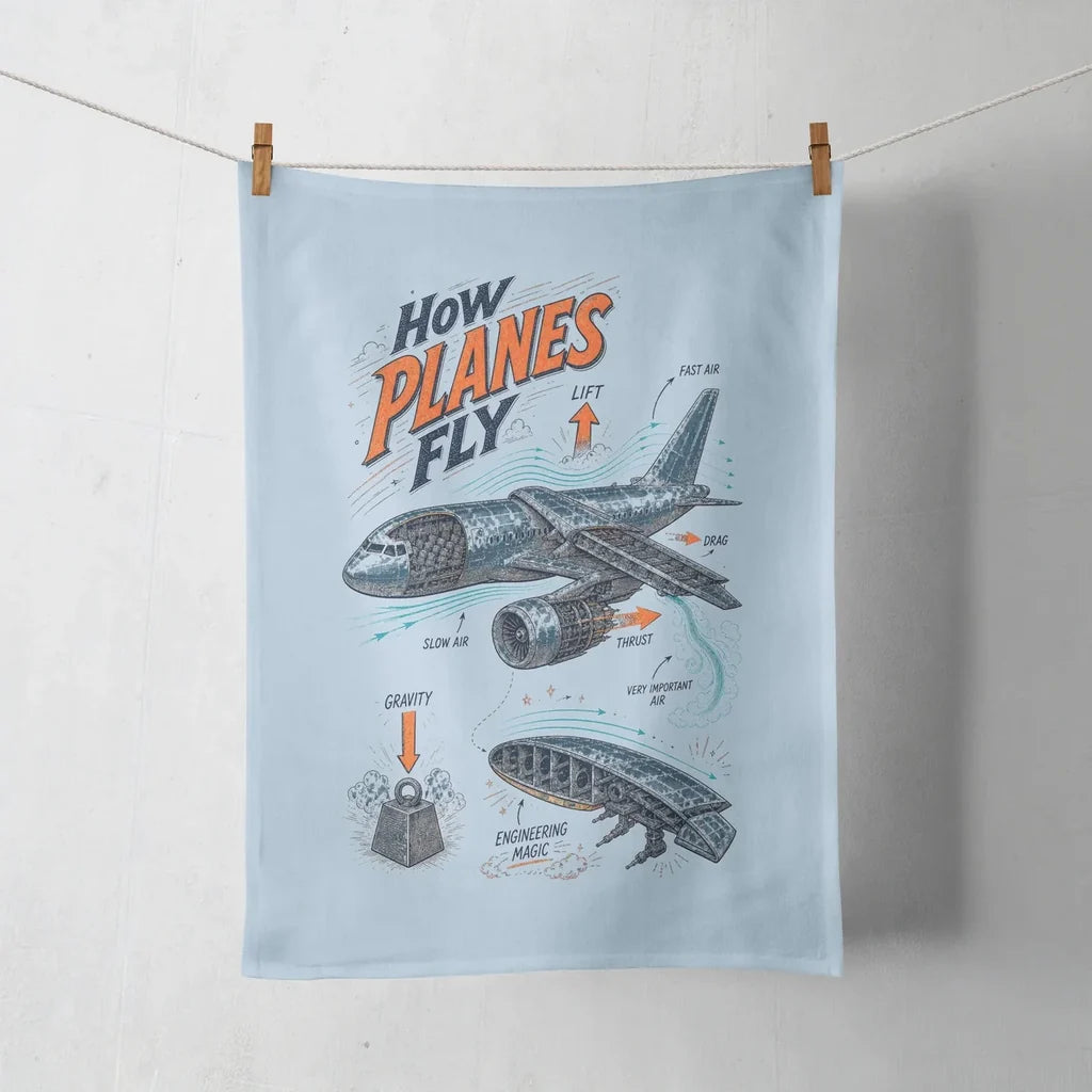 How Planes Fly V2 design on light blue towel