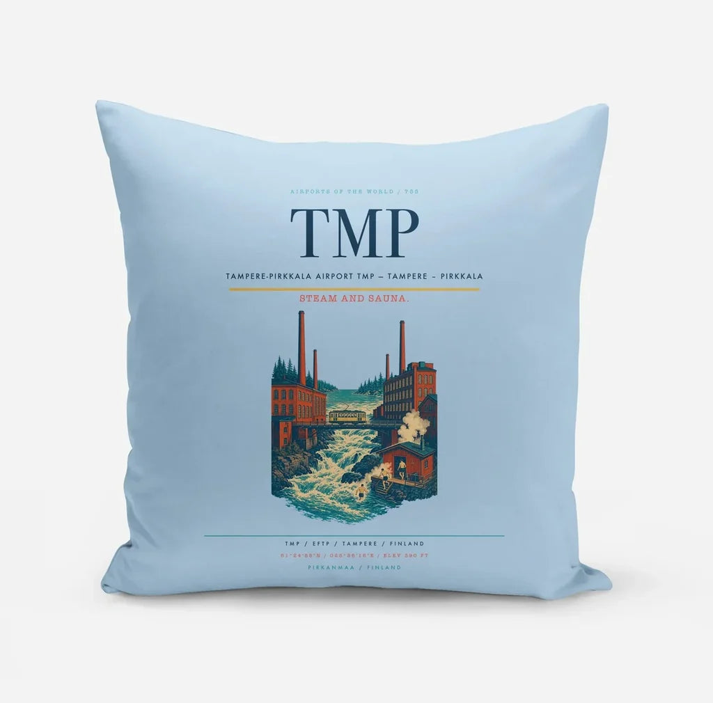 Tampere-Pirkkala Airport (TMP) design on light blue pillow