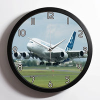Thumbnail for Departing Airbus A380 with Original Livery aviation design on premium wood and metal wall clock.