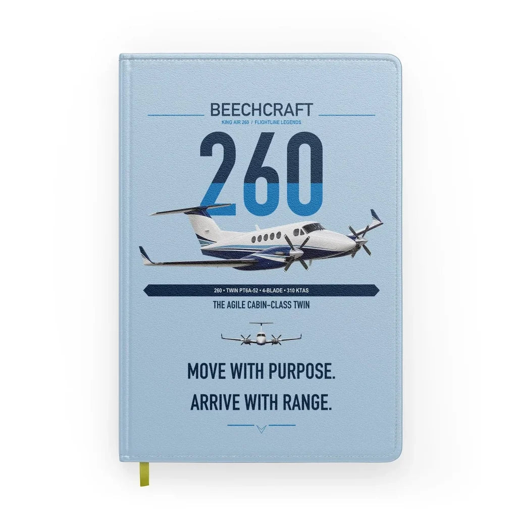 Beechcraft King Air 260 design on light blue notebook
