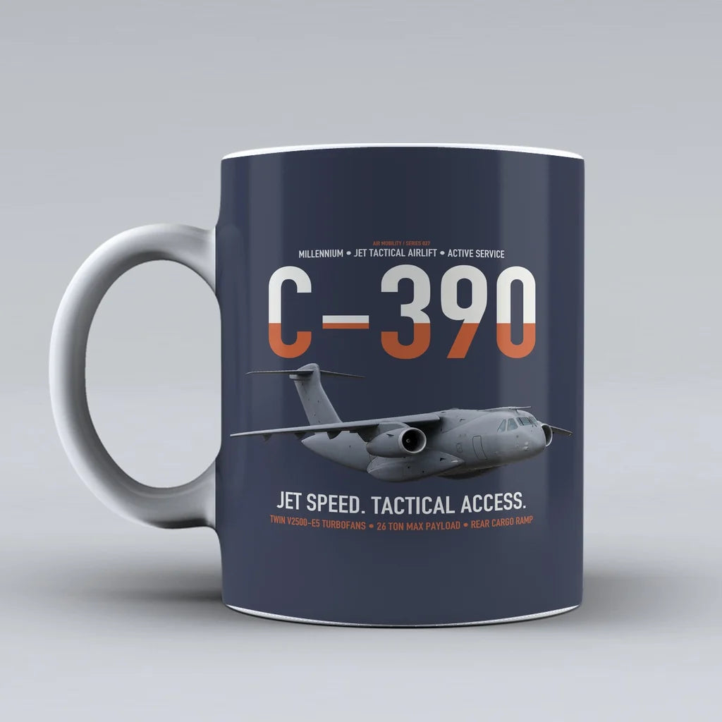 C-390 Millennium design on dark blue ceramic mug, double-side print