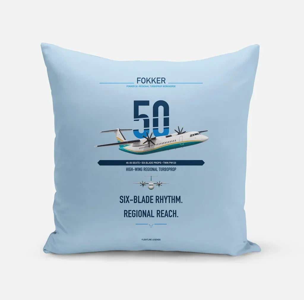 Fokker 50 design on light blue pillow