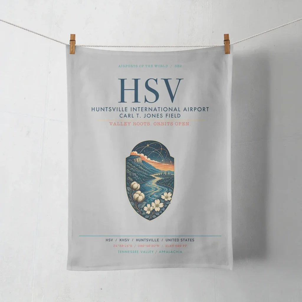 Huntsville International Airport (HSV) design on light gray towel