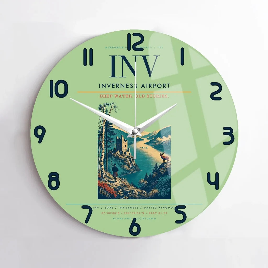 Inverness Airport (INV) design on light green no frame wall clock