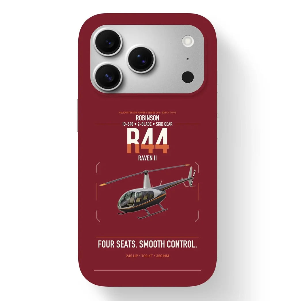 Robinson R44 Raven II design on dark red magsafe iphone case, for iPhone 17 Pro