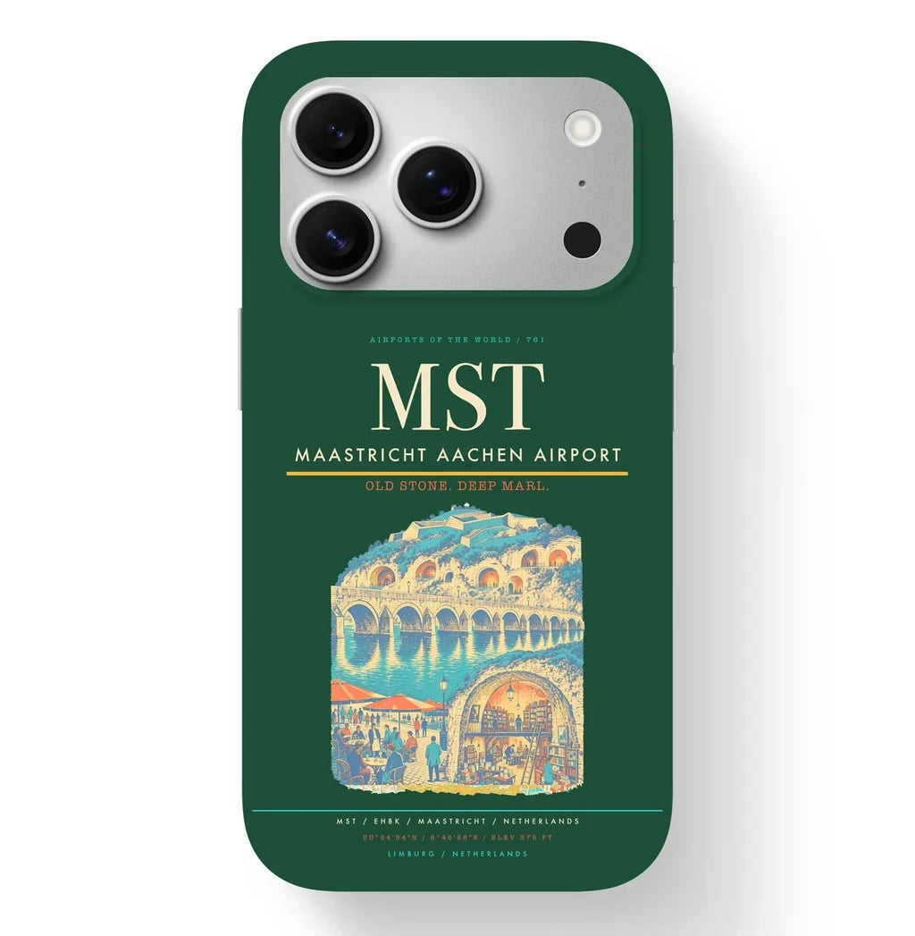 Maastricht Airport (MST) design on dark green iPhone 17 Pro MagSafe case
