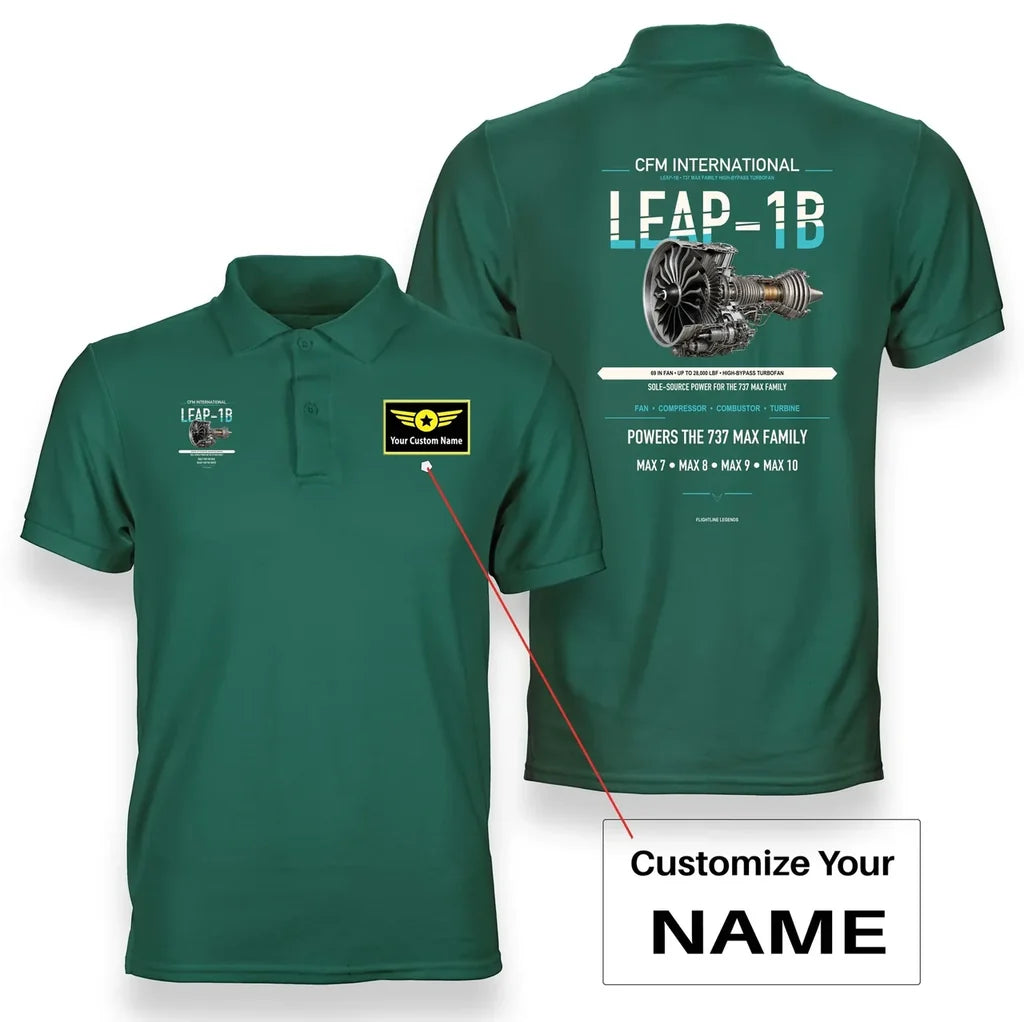 LEAP-1B design on green polo with custom name badge