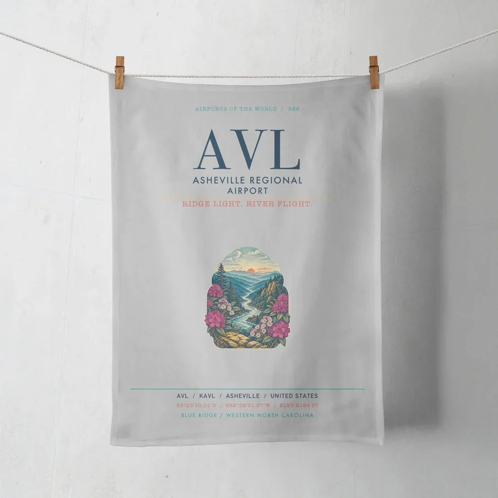 Asheville Regional Airport (AVL) design on light gray towel