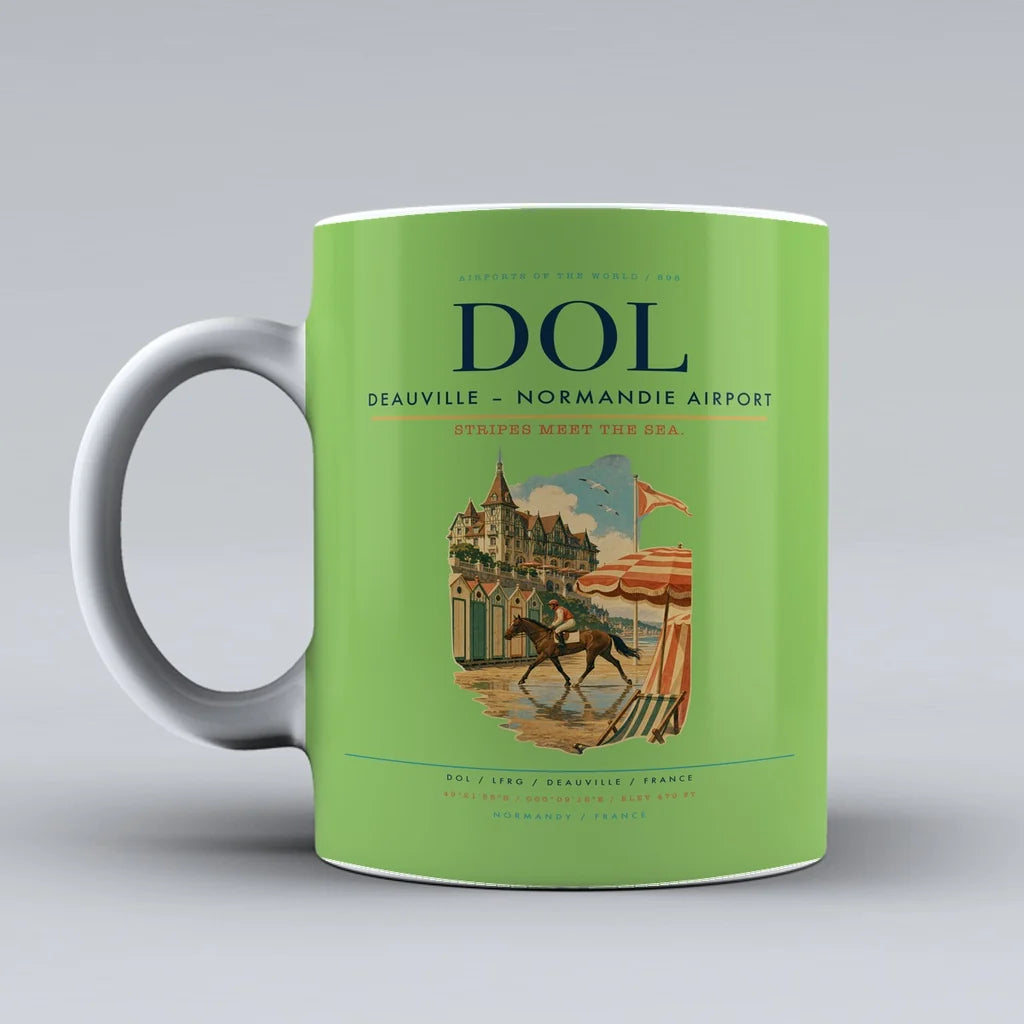 Deauville – Normandie Airport (DOL) airport code design on light green ceramic mug