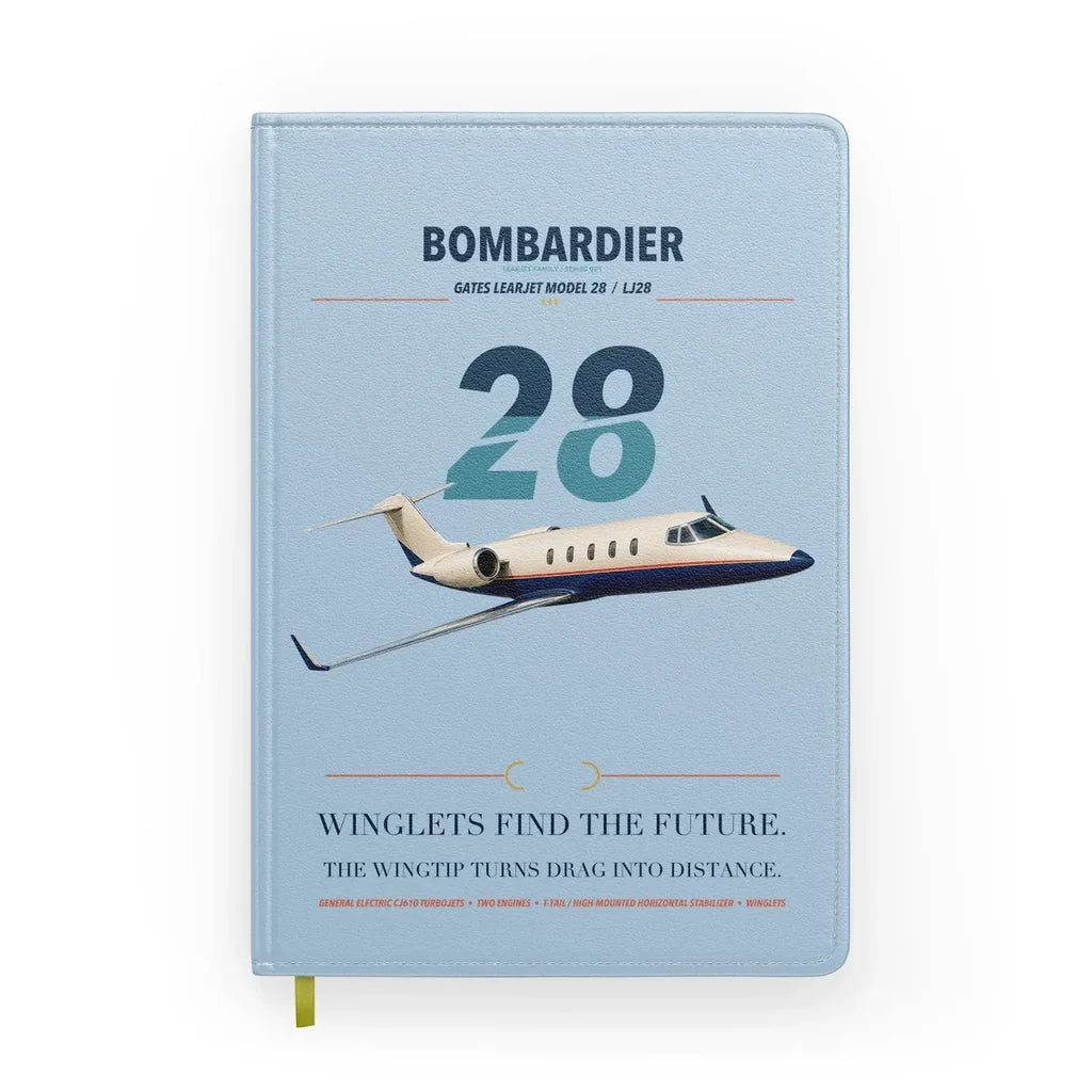 Bombardier Learjet 28 design on light blue notebook