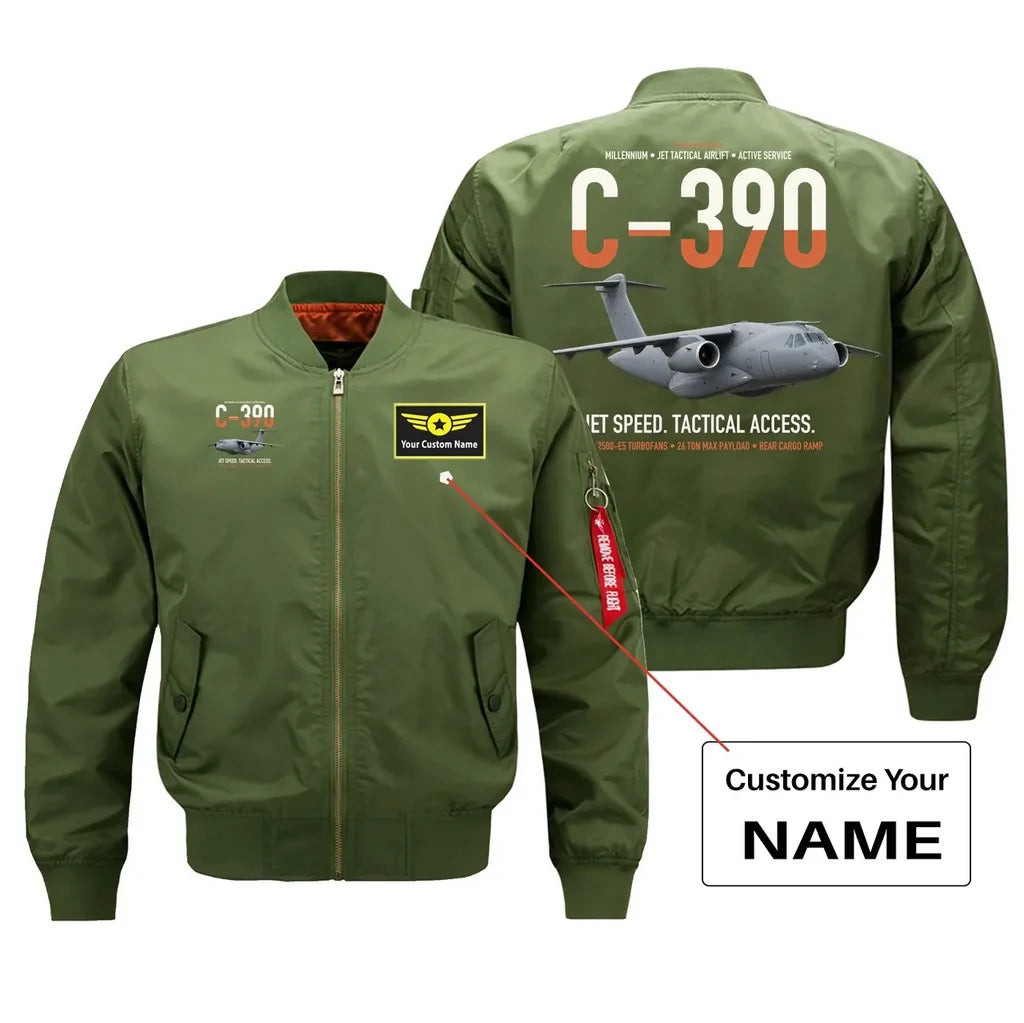 C-390 Millennium design on green+name bomber jacket, double-side print