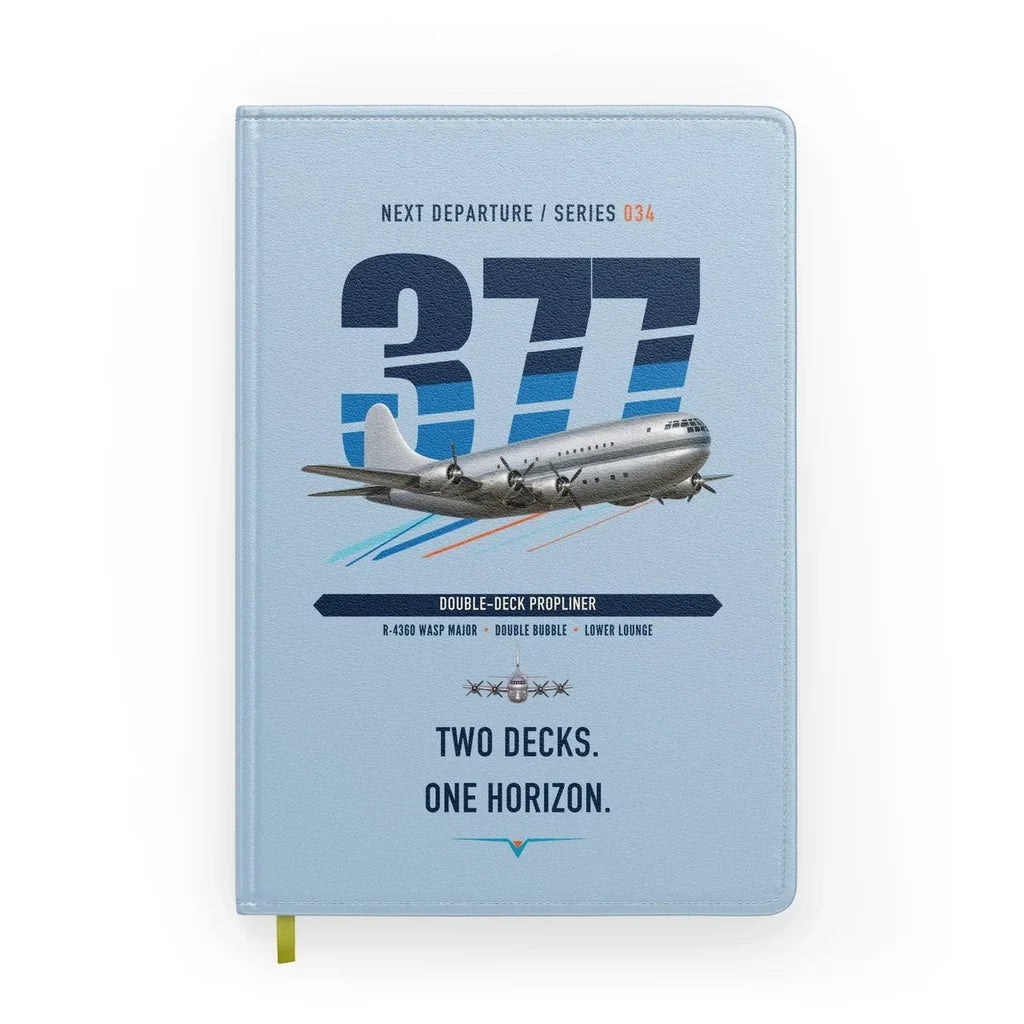 Boeing 377 Stratocruiser design on light blue notebook